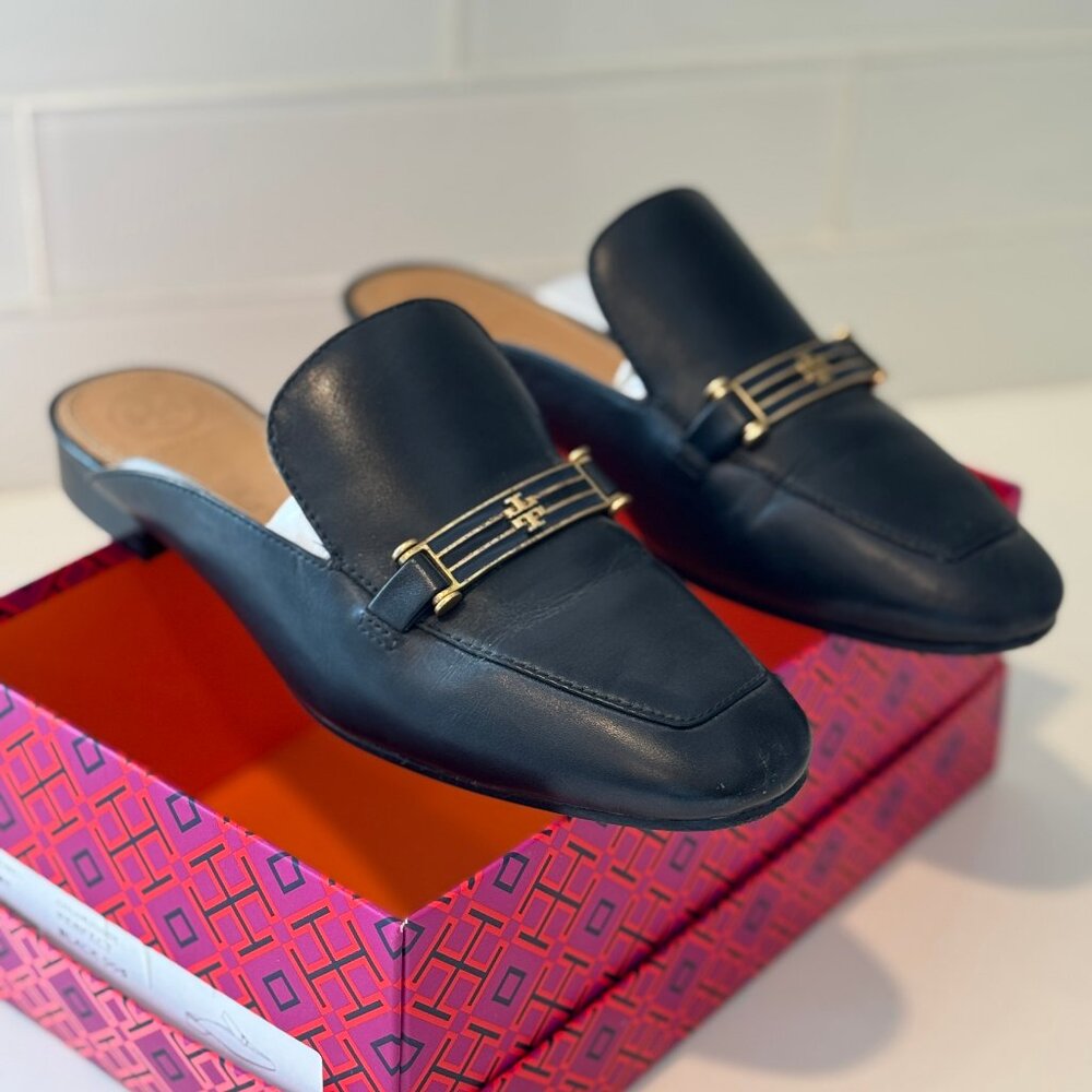 Tory Burch Black Mules with Gold Accents